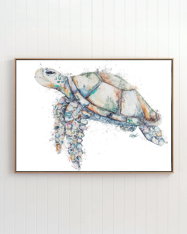 Patchwork – sea turtle, framed canvas in oak float frame