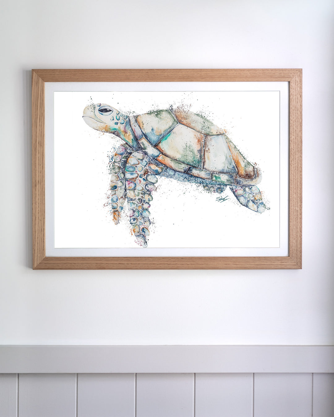 Patchwork – sea turtle, framed paper print in oak frame