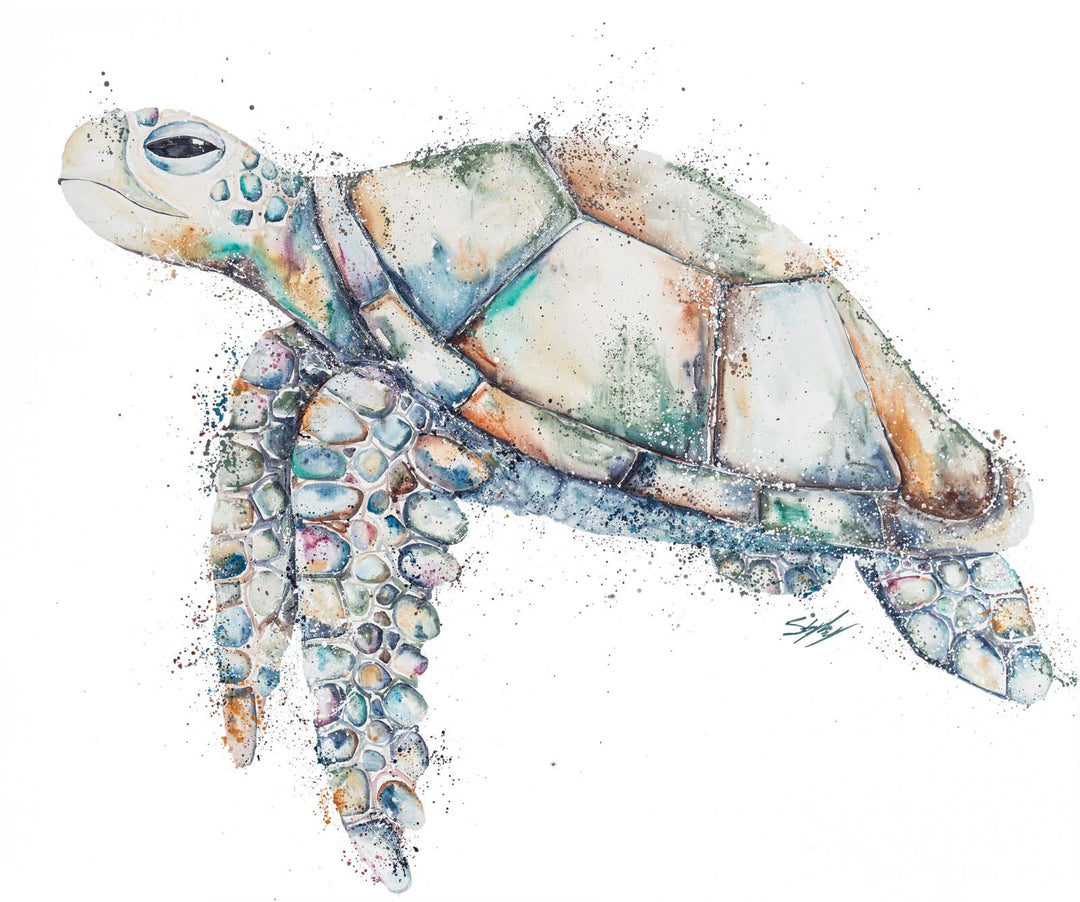 Patchwork – Close-up detail of turtle artwork on poly-cotton canvas or paper, soft ocean tones | Unframed Rolled Print