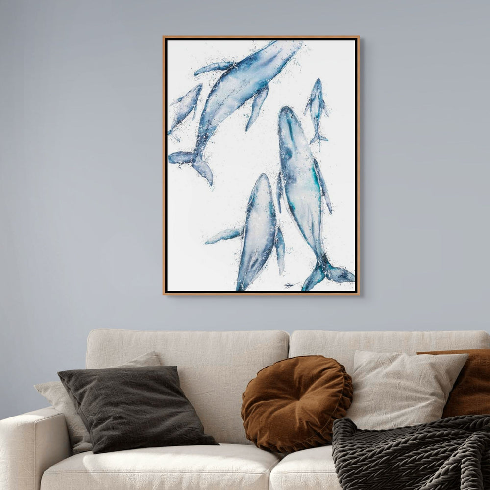 Paving the Way by Stephanie Elizabeth – shadow box canvas print of whales, aerial ocean artwork
