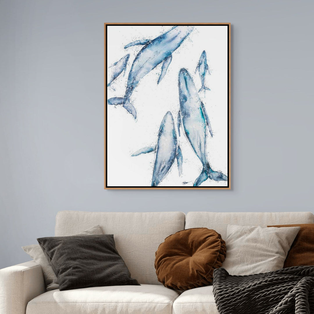 Paving the Way by Stephanie Elizabeth – shadow box canvas print of whales, aerial ocean artwork
