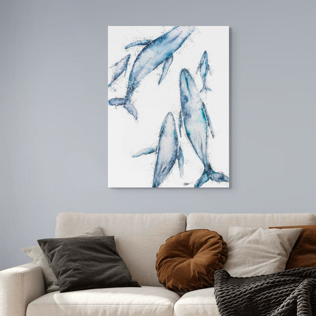 Paving the Way by Stephanie Elizabeth – stretched canvas print of whales travelling together, limited edition ocean print
