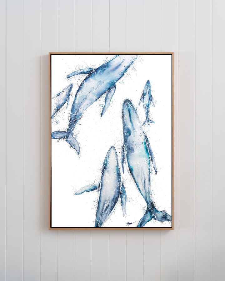 Paving The Way – humpback whales, framed canvas in oak float frame