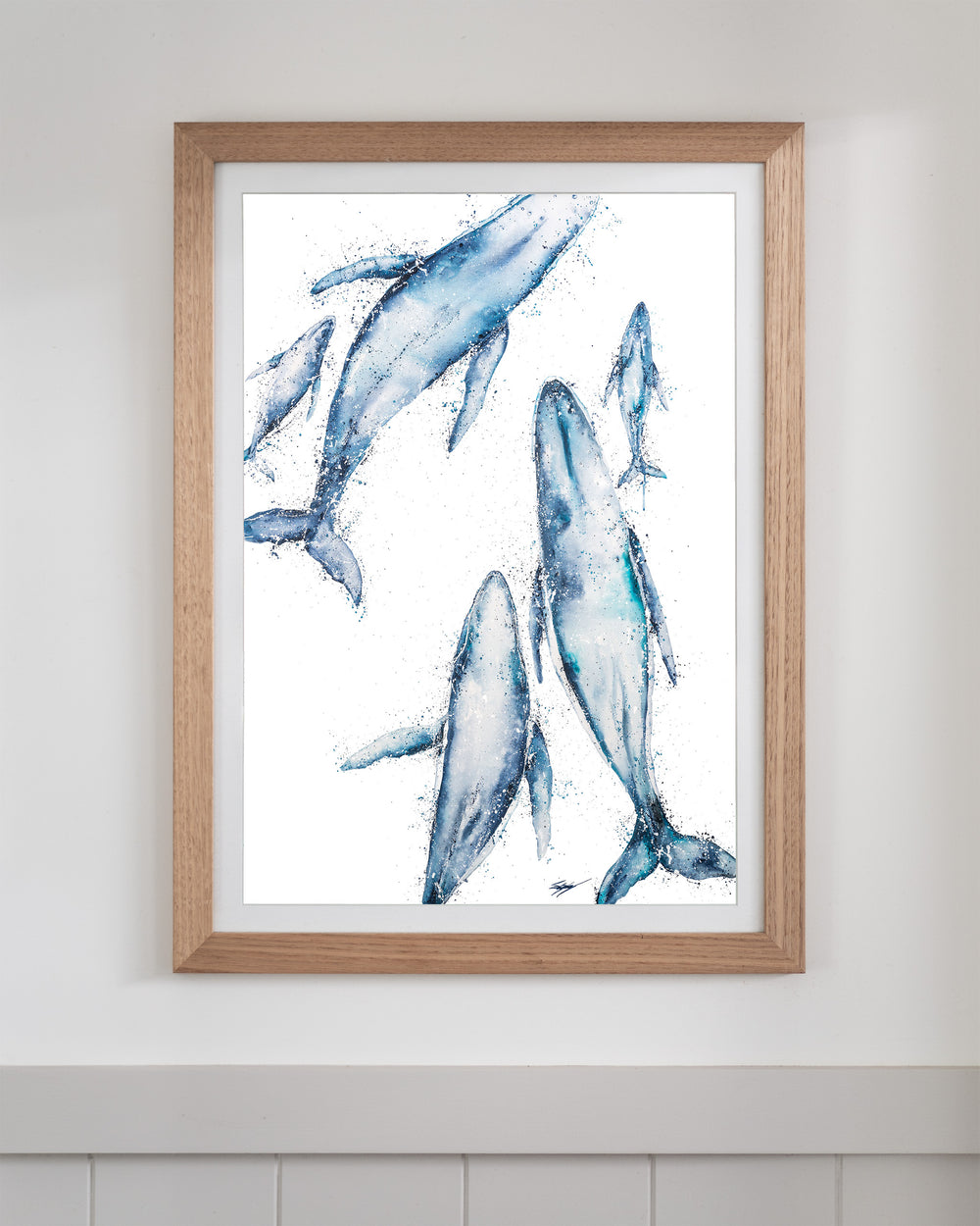 Paving The Way – humpback whales, framed paper print in oak frame