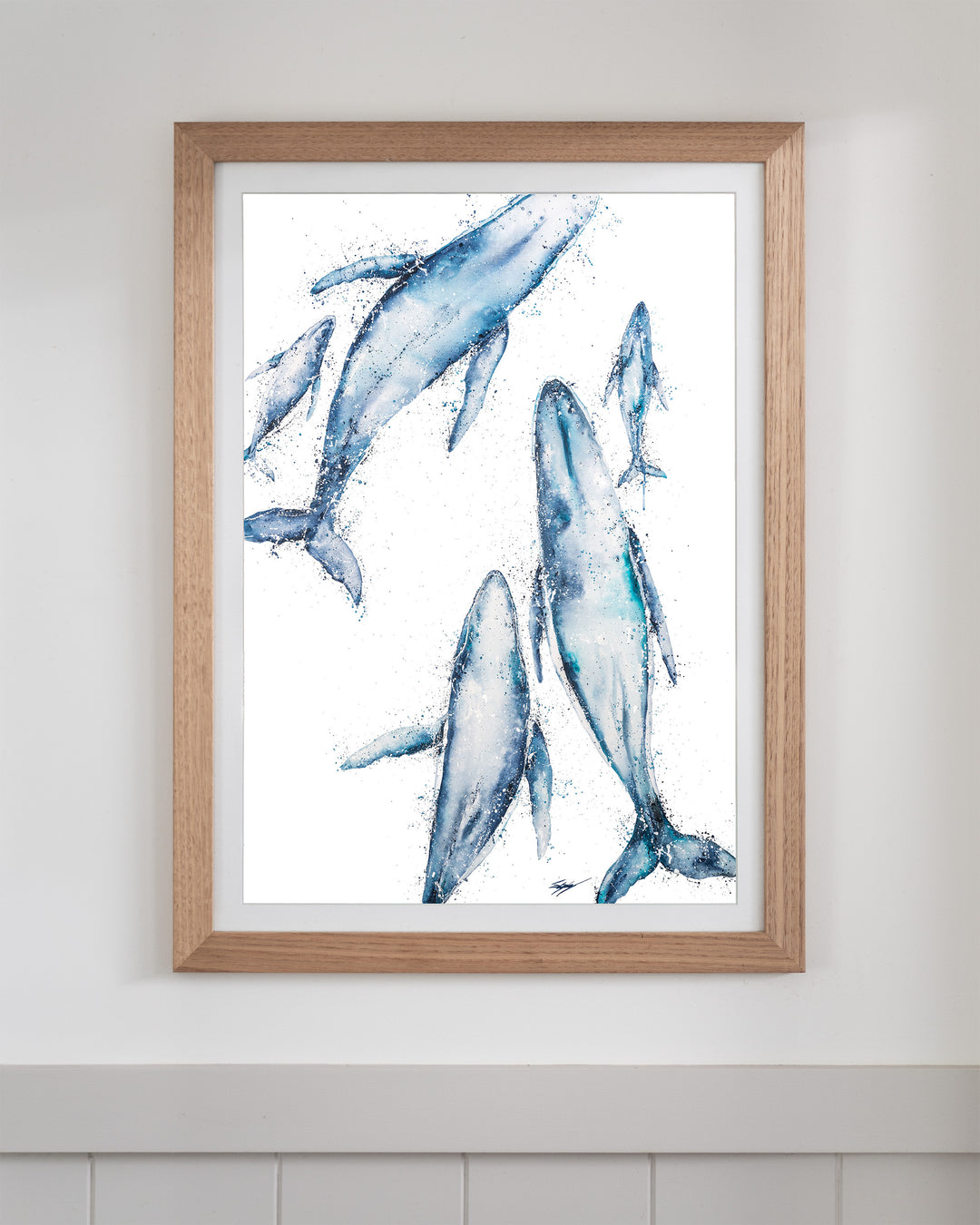 Paving The Way – humpback whales, framed paper print in oak frame