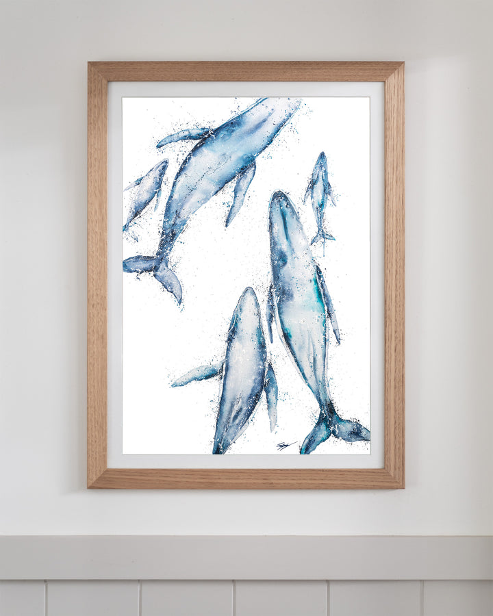 Paving The Way – humpback whales, framed paper print in oak frame