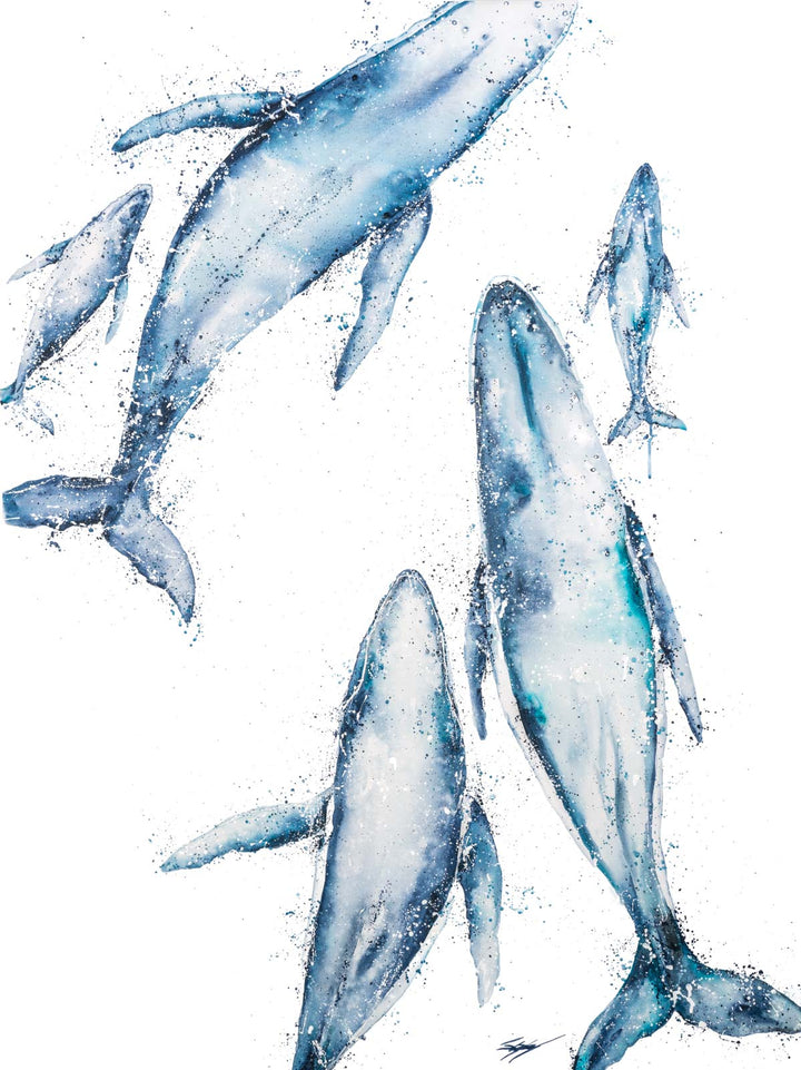 Paving The Way – Close-up detail of whales artwork on poly-cotton canvas or paper, aerial view, soft ocean tones | Unframed Rolled Print