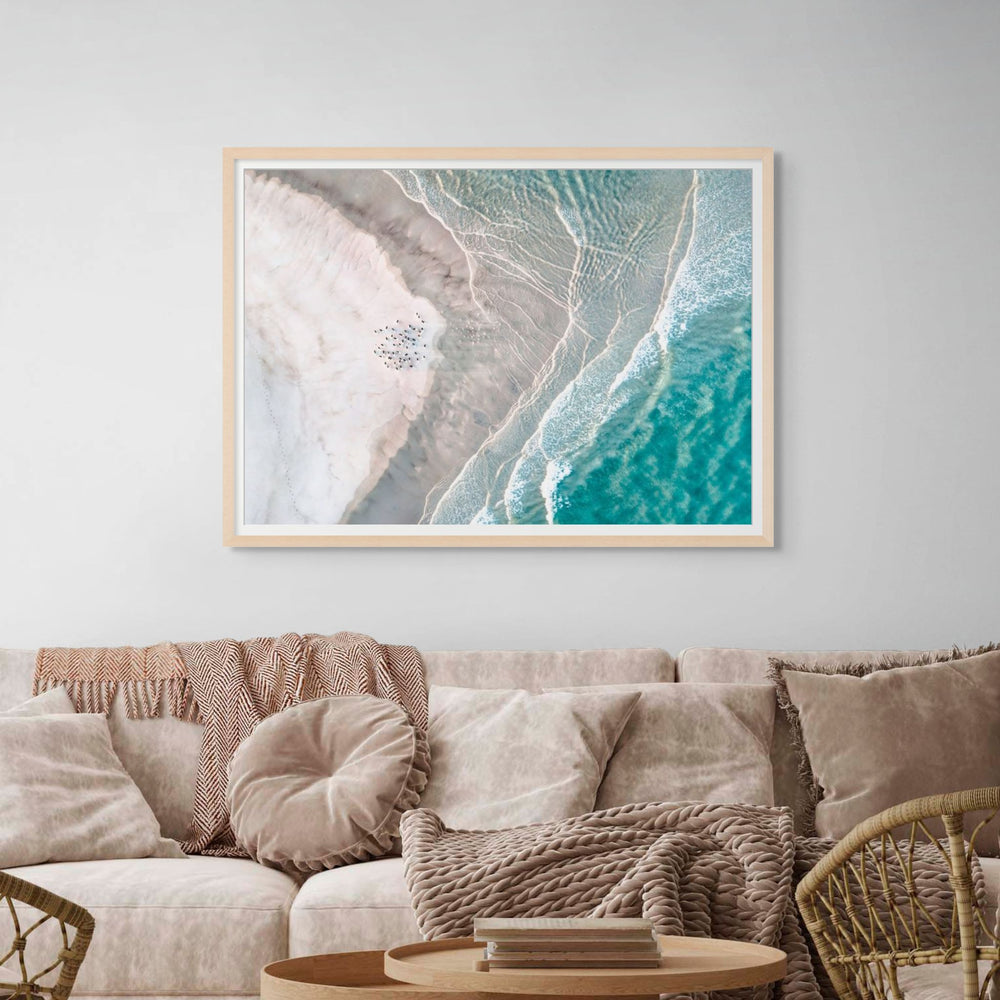 Pearls and Pelicans – aerial photograph of pelicans along tidal sandbanks at Stradbroke Island with flowing coastal patterns | Framed Paper Print