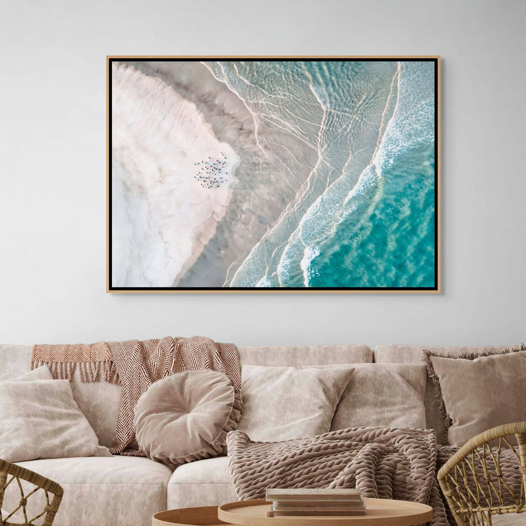 Pearls and Pelicans – aerial photograph of pelicans along tidal sandbanks at Stradbroke Island with flowing coastal patterns | Shadow Box Canvas Print