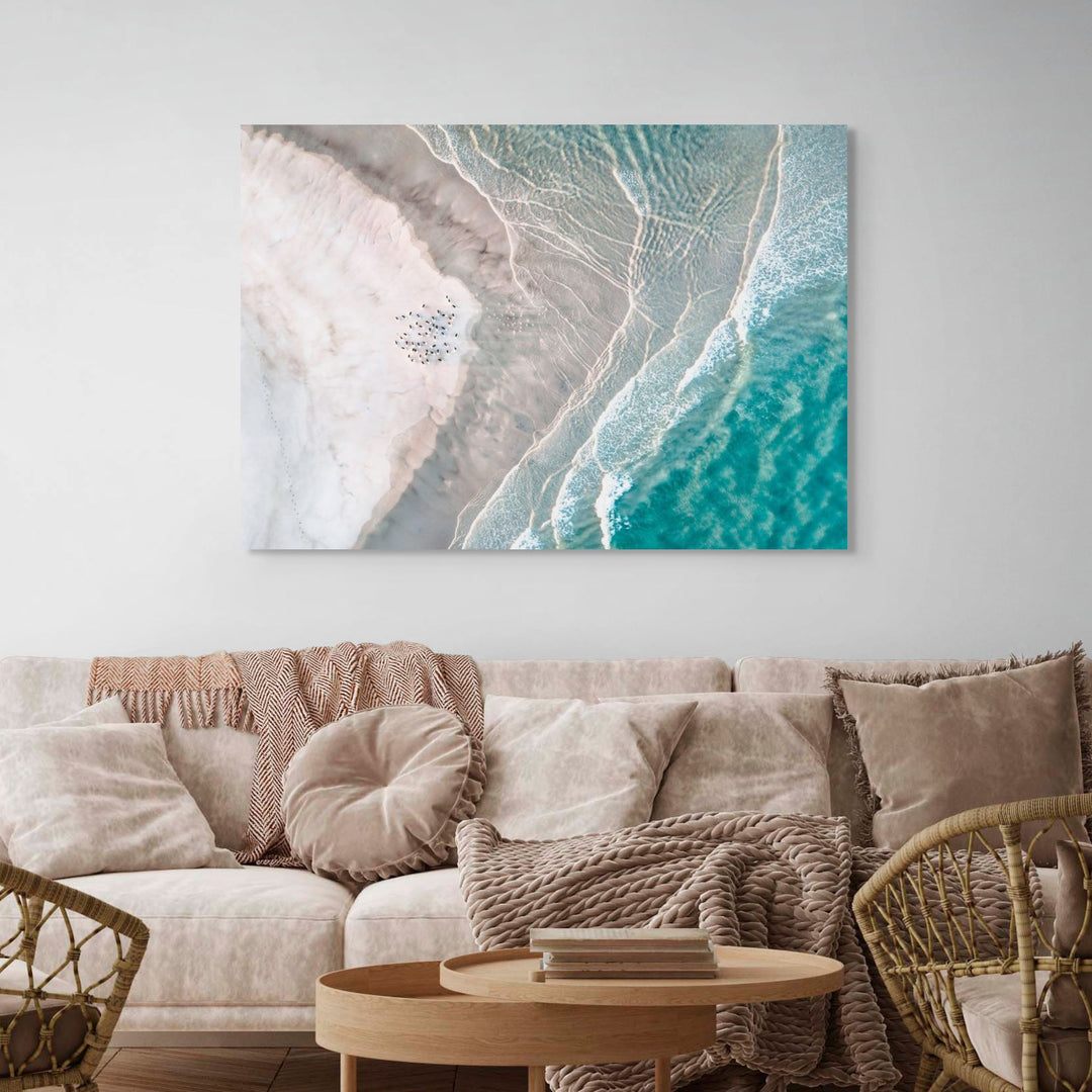 Pearls and Pelicans – aerial photograph of pelicans along tidal sandbanks at Stradbroke Island with flowing coastal patterns | Stretched Canvas Print