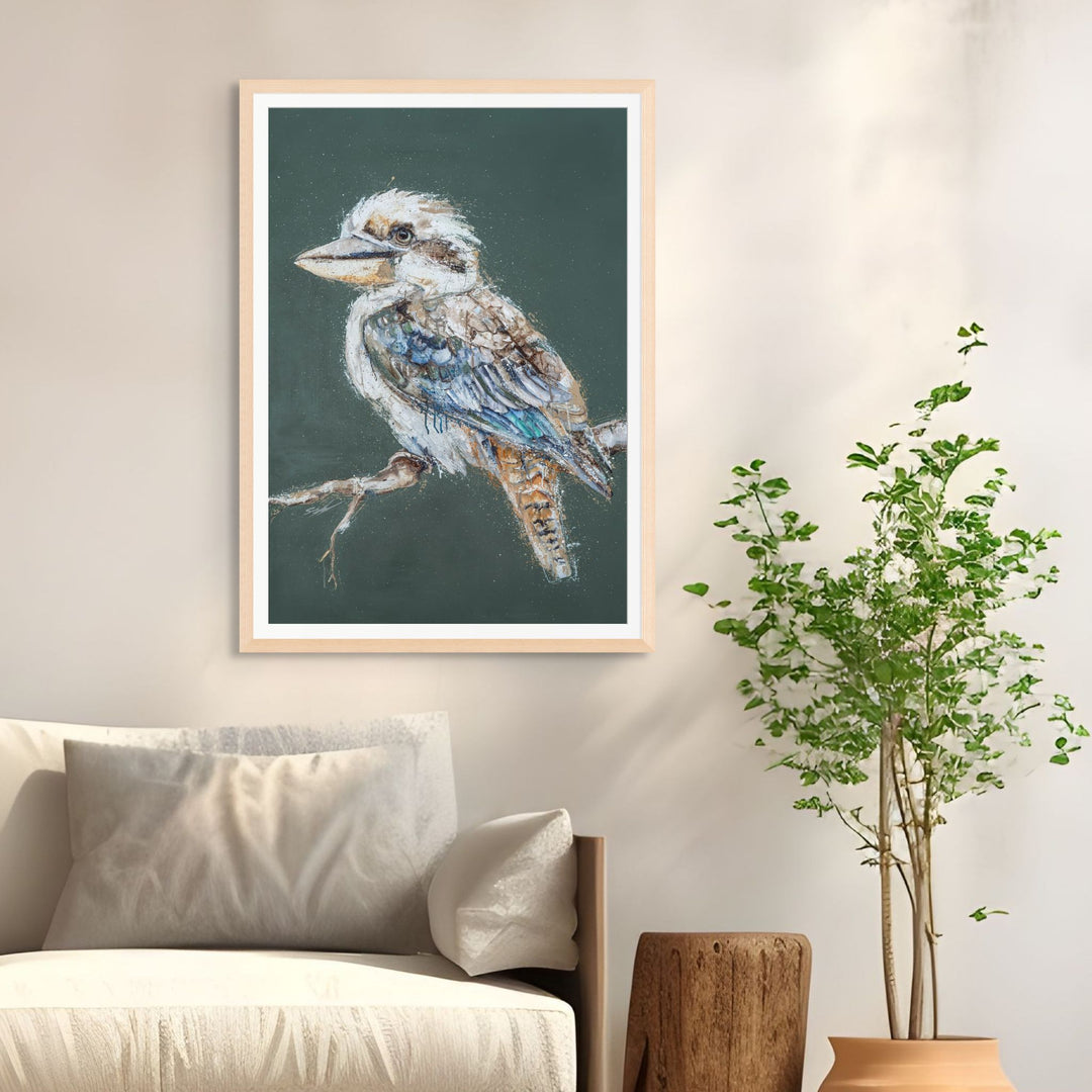 Perched and Patient by Stephanie Elizabeth – framed paper print of kookaburra resting quietly among native branches