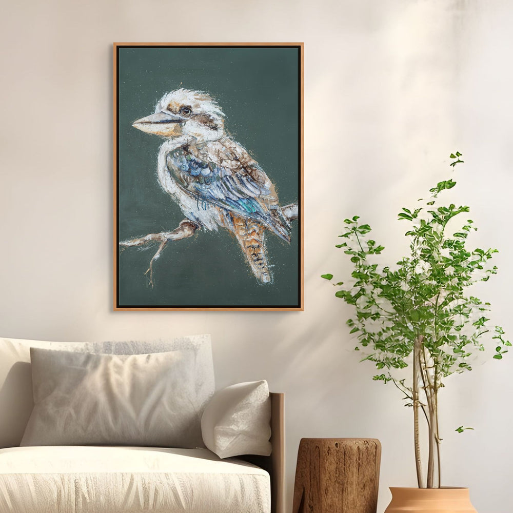 Perched and Patient by Stephanie Elizabeth – shadow box canvas print of patient kookaburra, Australian fine art print