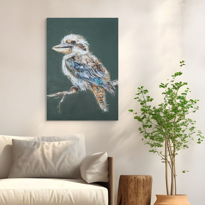 Perched and Patient by Stephanie Elizabeth – stretched canvas print featuring quiet kookaburra in foliage, fine art bird print