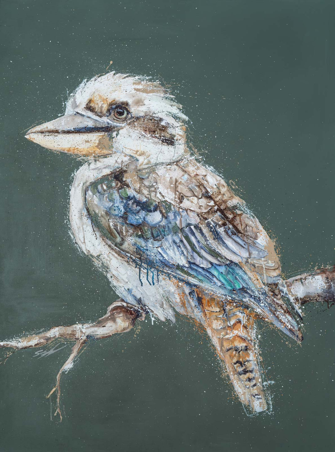 Perched and Patient – Close-up detail of Kookaburra artwork on poly-cotton canvas, soft green background | Unframed Rolled Print