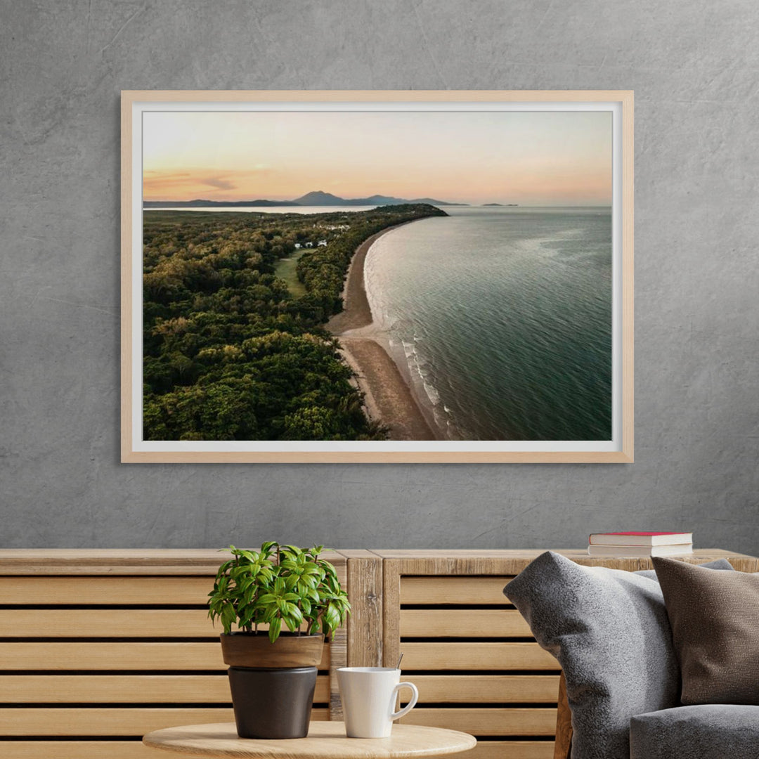 Picture Perfect Port – Aerial view of Four Mile Beach, Port Douglas at sunrise/sunset, golden sands and turquoise water | Framed Paper Print