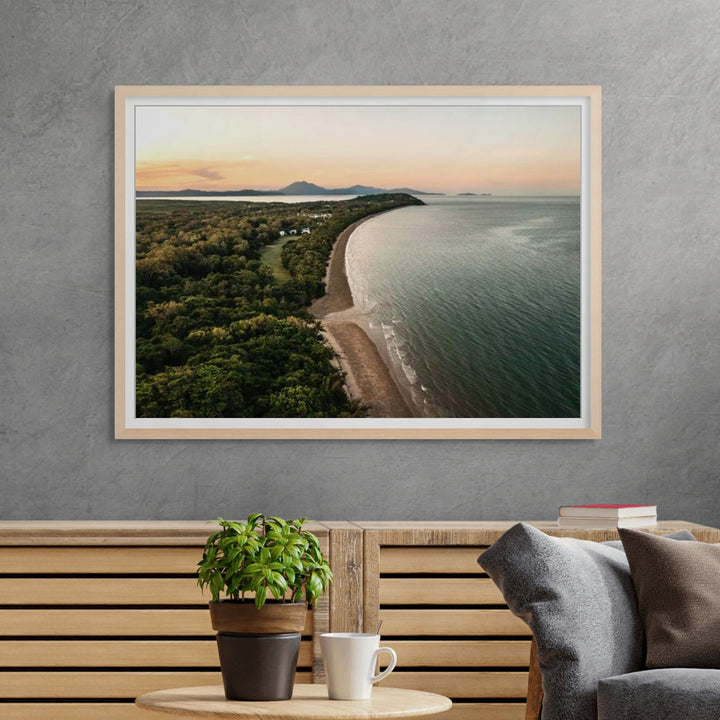 Picture Perfect Port – Aerial view of Four Mile Beach, Port Douglas at sunrise/sunset, golden sands and turquoise water | Framed Paper Print