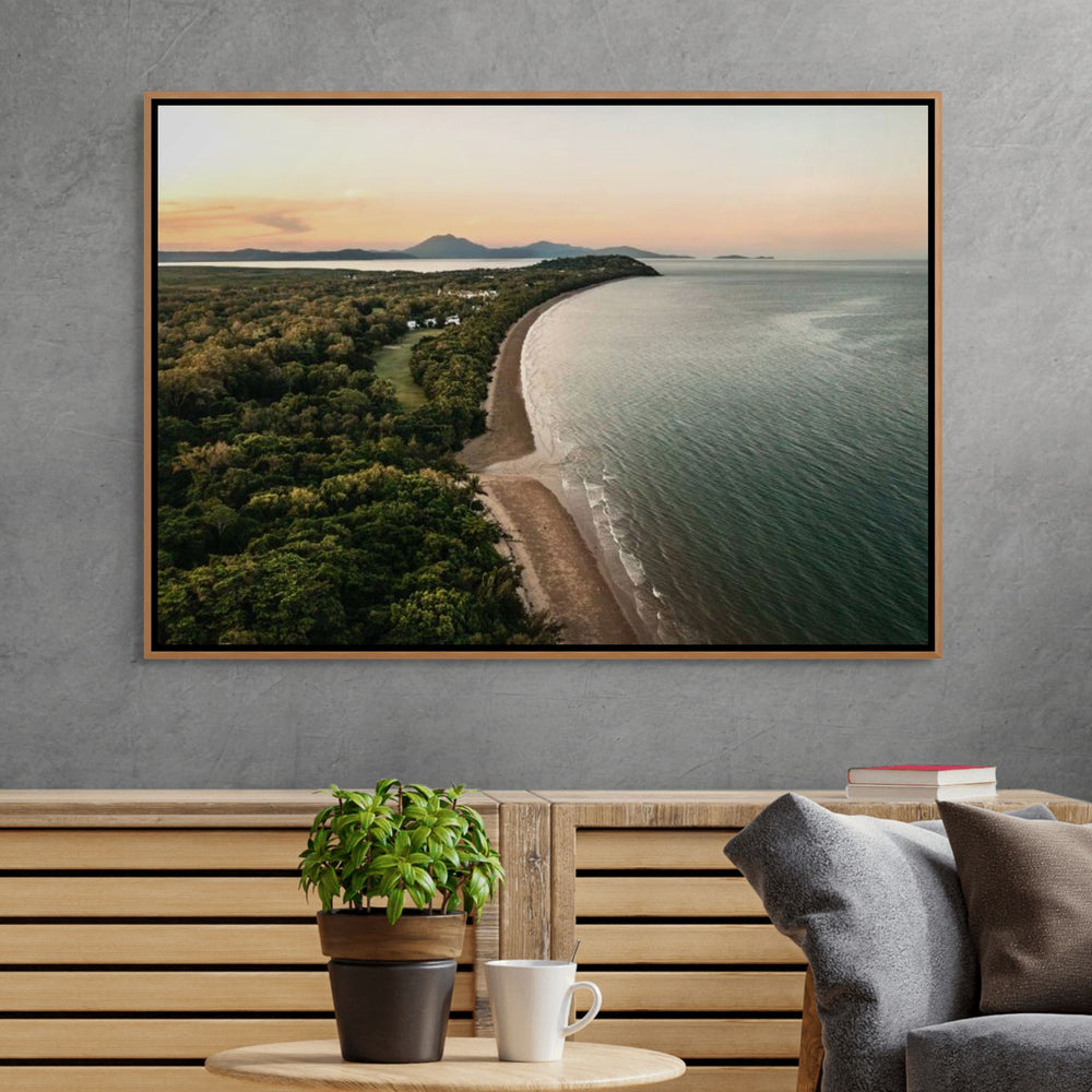Picture Perfect Port – Aerial view of Four Mile Beach, Port Douglas at sunrise/sunset, golden sands and turquoise water | Shadow Box Canvas Print