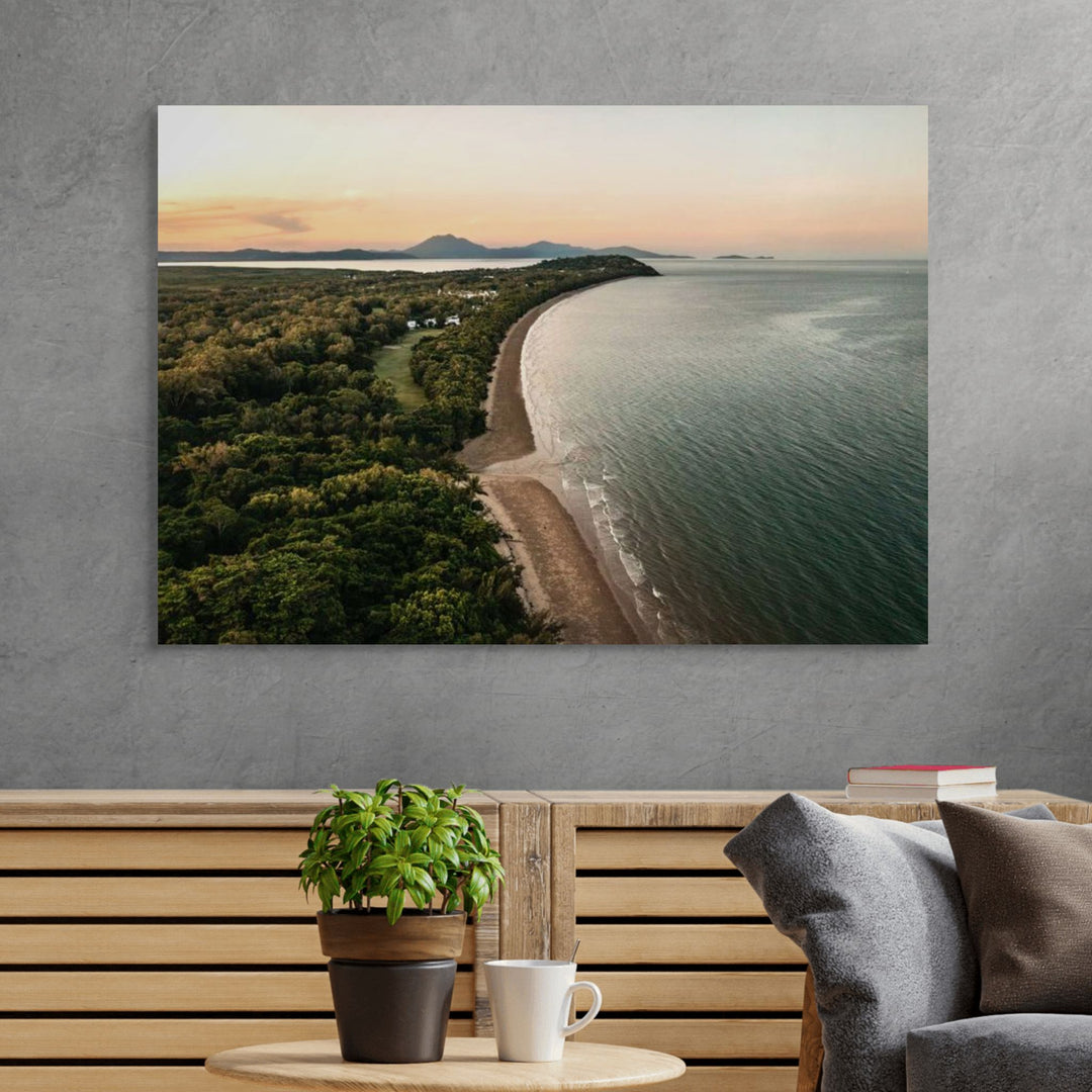 Picture Perfect Port – Aerial view of Four Mile Beach, Port Douglas at sunrise/sunset, golden sands and turquoise water | Stretched Canvas Print