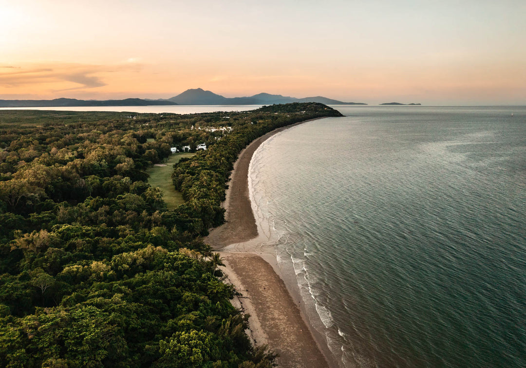 Picture Perfect Port – Aerial view of Four Mile Beach, Port Douglas at sunrise/sunset, golden sands and turquoise water | Stretched Canvas Print