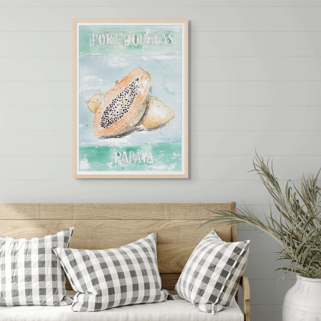 Port Douglas Papaya by Stephanie Elizabeth – framed paper print of papaya fruit still life painting, tropical fine art print