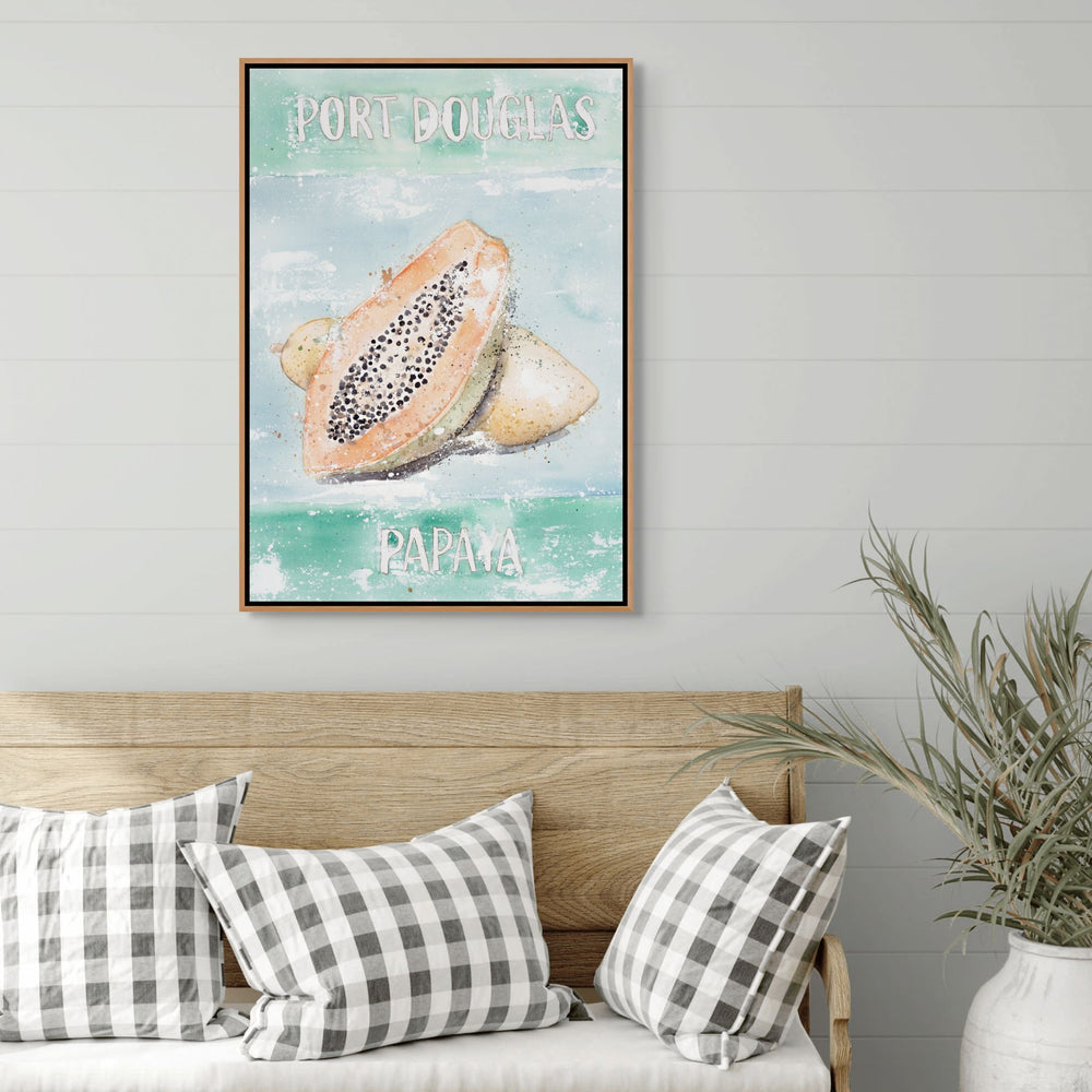 Port Douglas Papaya by Stephanie Elizabeth – shadow box canvas print featuring papaya fruit still life, Australian tropical fine art artwork