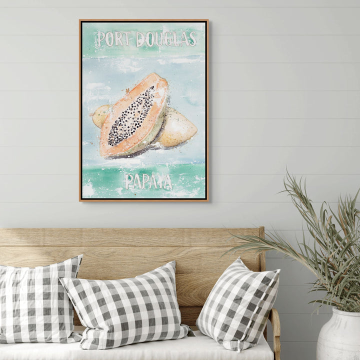 Port Douglas Papaya by Stephanie Elizabeth – shadow box canvas print featuring papaya fruit still life, Australian tropical fine art artwork