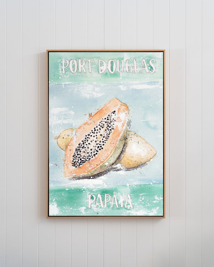 Port Douglas Papaya – tropical still life of papaya, framed canvas in oak float frame