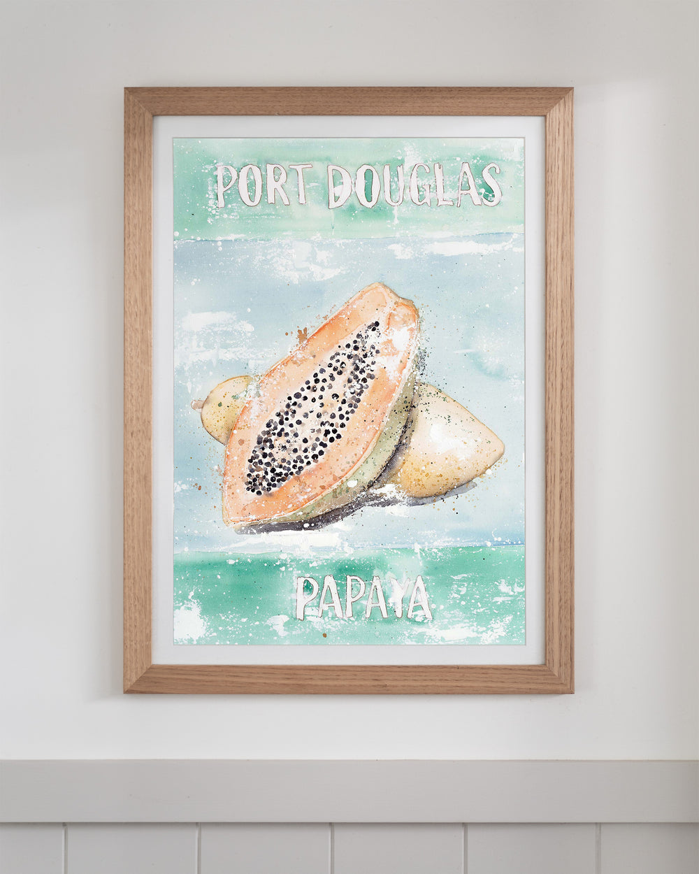 Port Douglas Papaya – tropical still life of papaya, framed paper print in oak frame