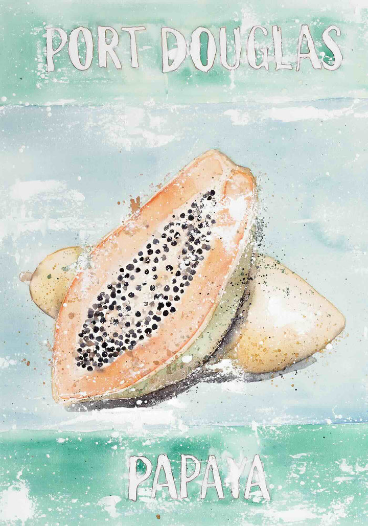 Port Douglas Papaya by Stephanie Elizabeth – unframed rolled paper print of papaya fruit still life, tropical fine art artwork