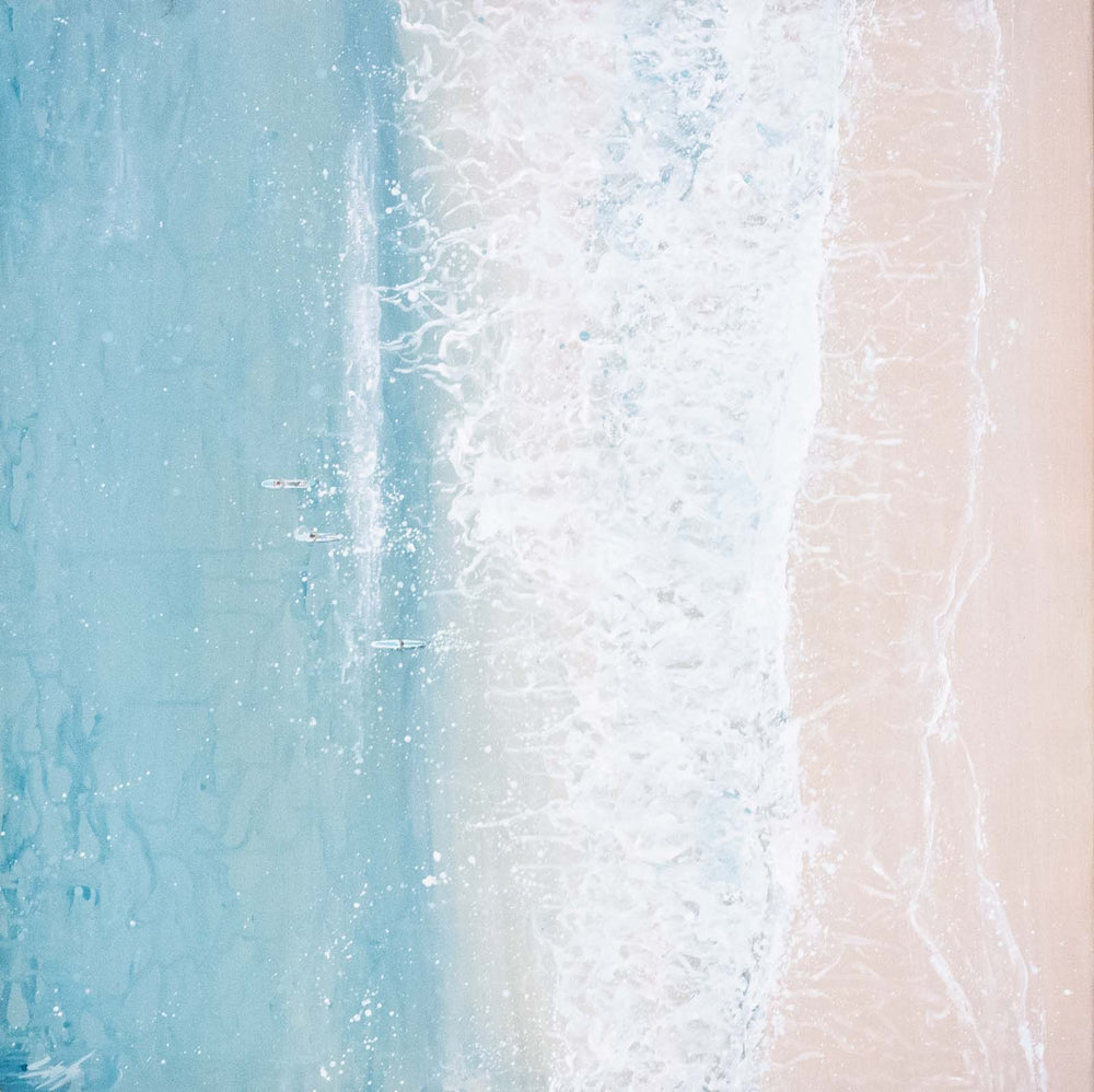 Quiet Shift – detailed aerial painting of beach and ocean divide with long boats moving through calm water by Stephanie Elizabeth | Original Artwork