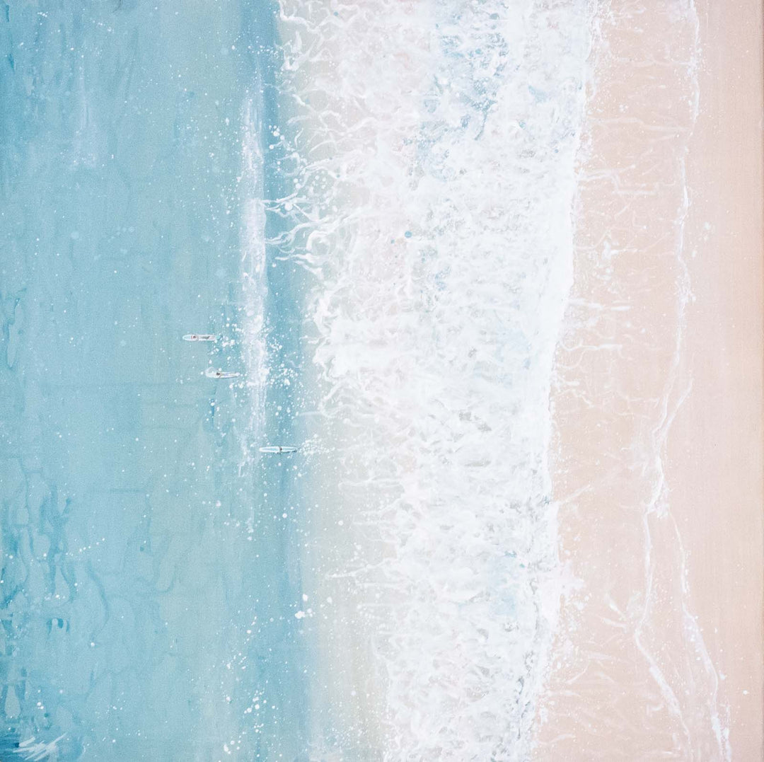Quiet Shift – detailed aerial painting of beach and ocean divide with long boats moving through calm water by Stephanie Elizabeth | Original Artwork