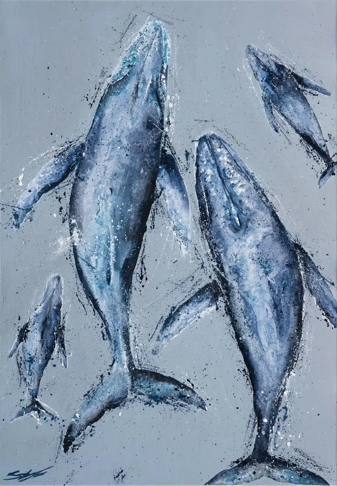 Raise Them on Rhythm and Blues – Original acrylic artwork of a whale family against a light ocean background with layered blue tones.