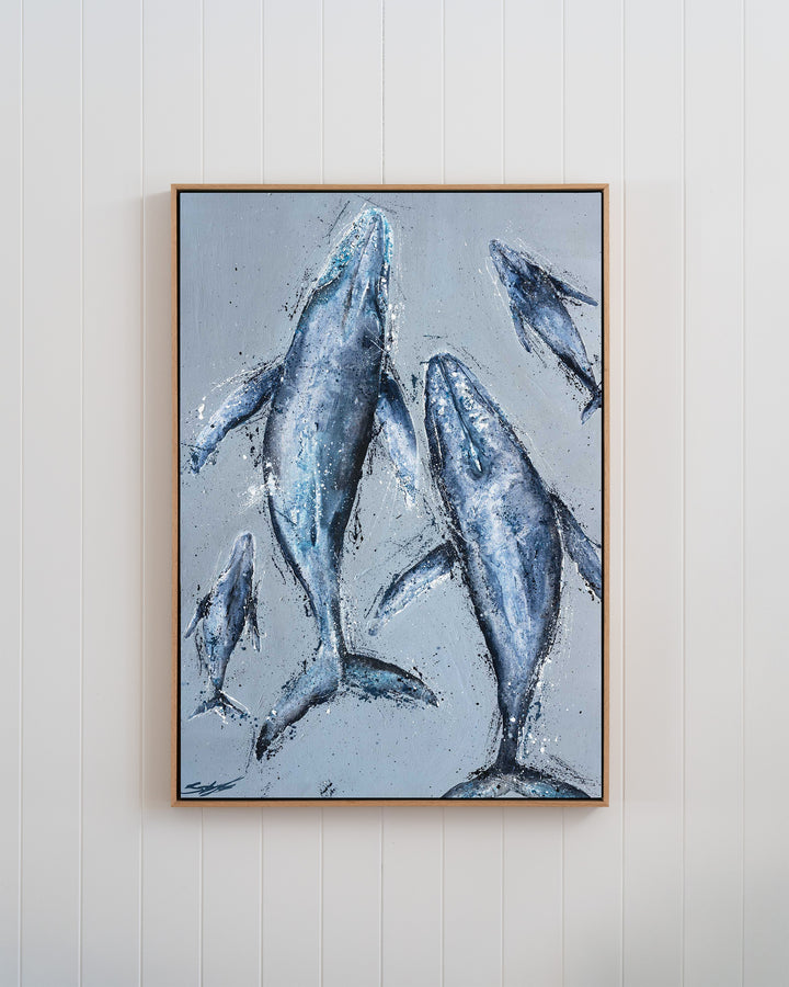 Raise Them on Rhythm and Blues – humpback whales, framed canvas in oak float frame