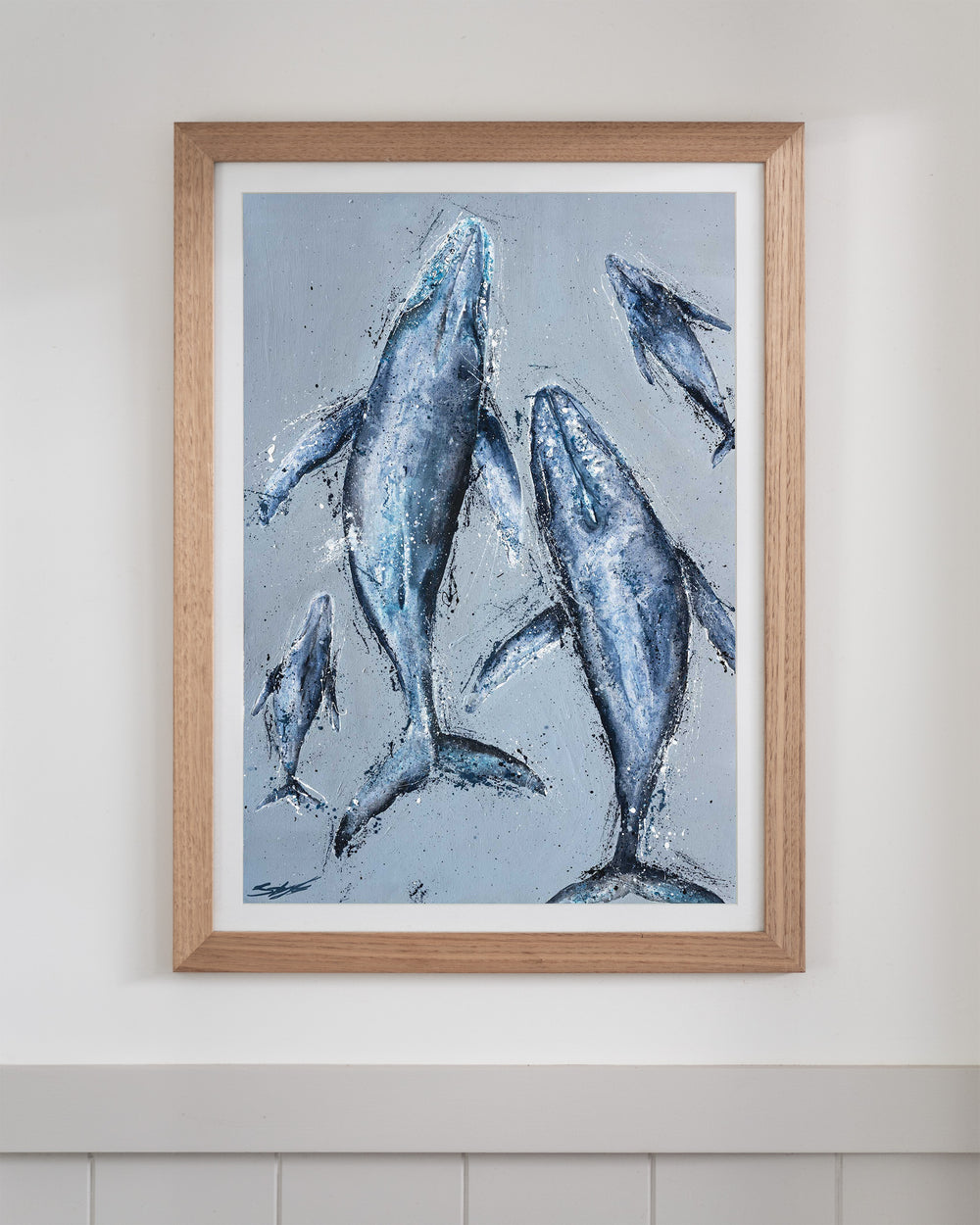 Raise Them on Rhythm and Blues – humpback whales, framed paper print in oak frame