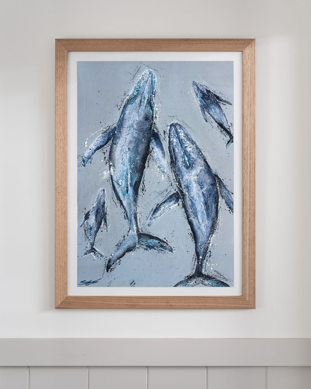Raise Them on Rhythm and Blues – humpback whales, framed paper print in oak frame