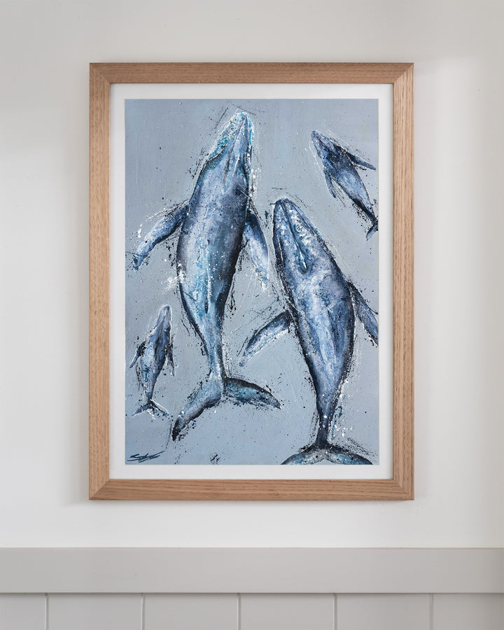 Raise Them on Rhythm and Blues – humpback whales, framed paper print in oak frame