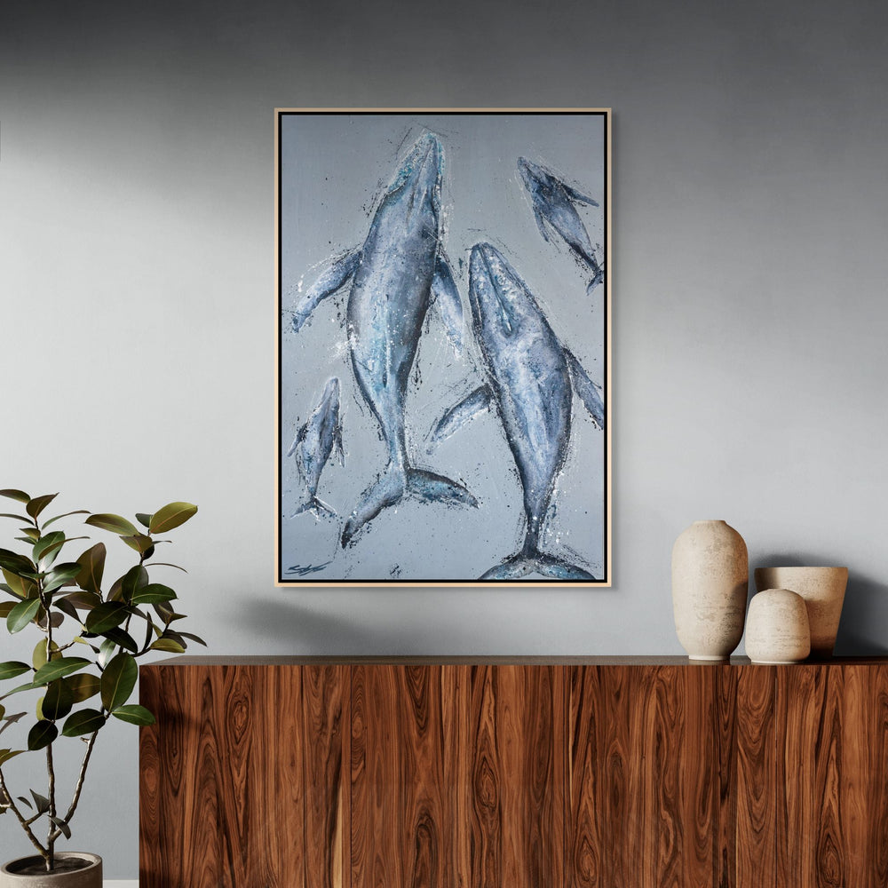 Raise Them on Rhythm and Blues – contemporary whale artwork with flowing movement and soft ocean blues by Stephanie Elizabeth | Shadow Box Canvas Print
