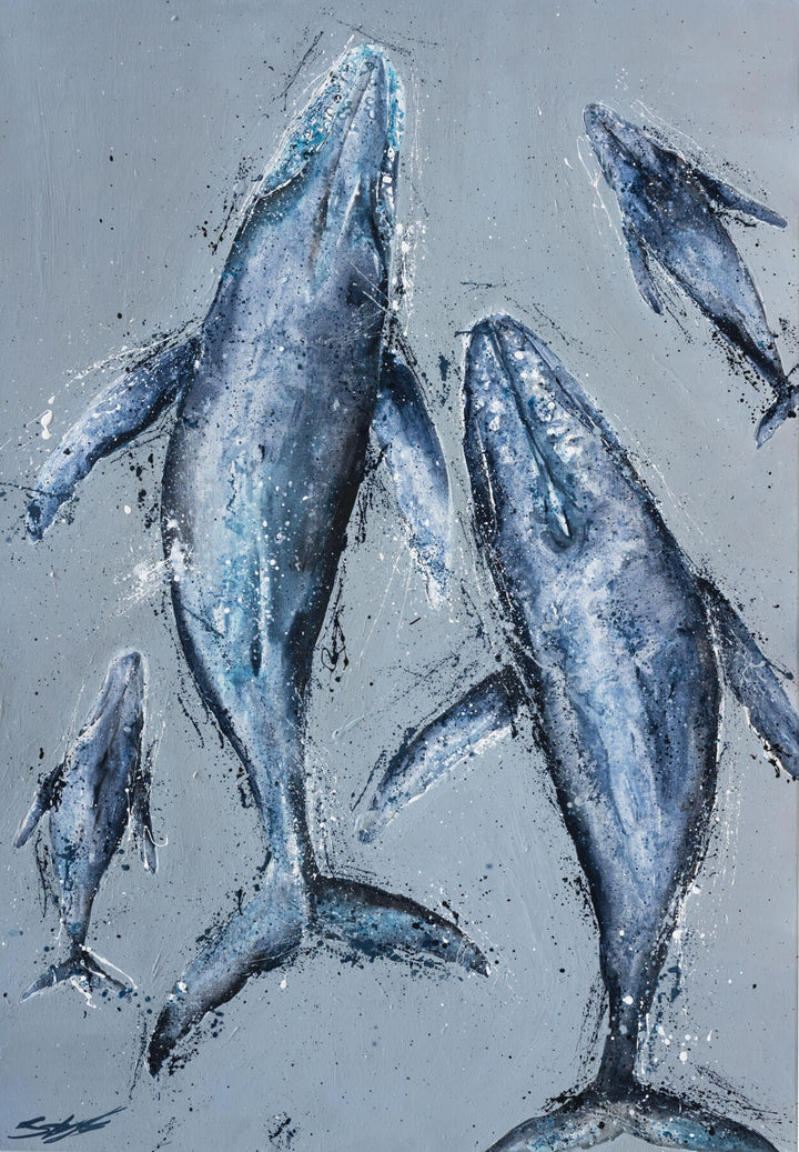 Raise Them on Rhythm and Blues – whales viewed from above in layered blue water with textured acrylic detail by Stephanie Elizabeth | Unframed Rolled Print