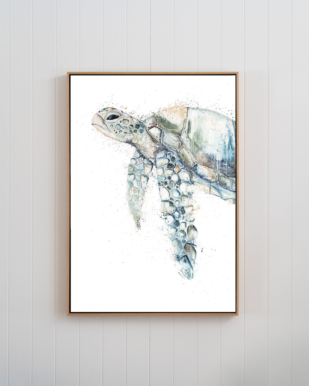 Renegade green sea turtle fine art print by Stephanie Elizabeth, framed canvas in an oak frame