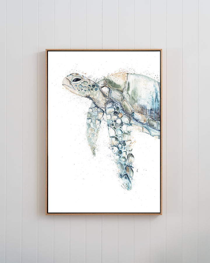 Renegade green sea turtle fine art print by Stephanie Elizabeth, framed canvas in an oak frame
