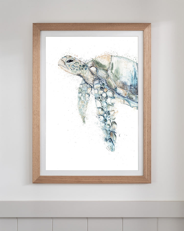 Renegade green sea turtle fine art print by Stephanie Elizabeth, framed paper print in an oak frame