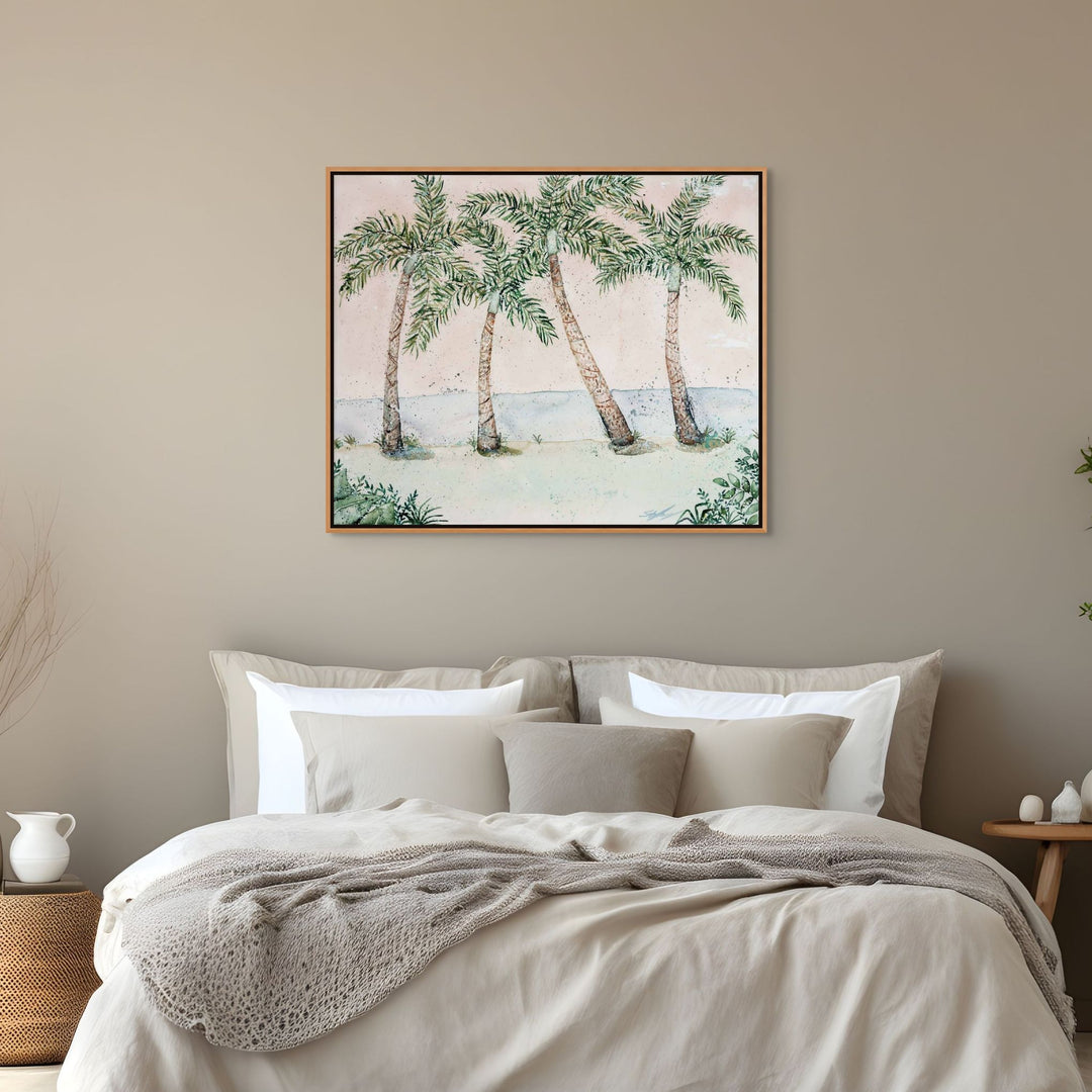 Bedroom with a painting of palm trees on the wall