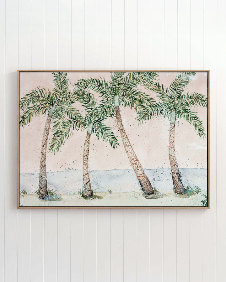 Rex Smeal Serenade – palm trees at Rex Smeal Park, Port Douglas, framed canvas in oak float frame