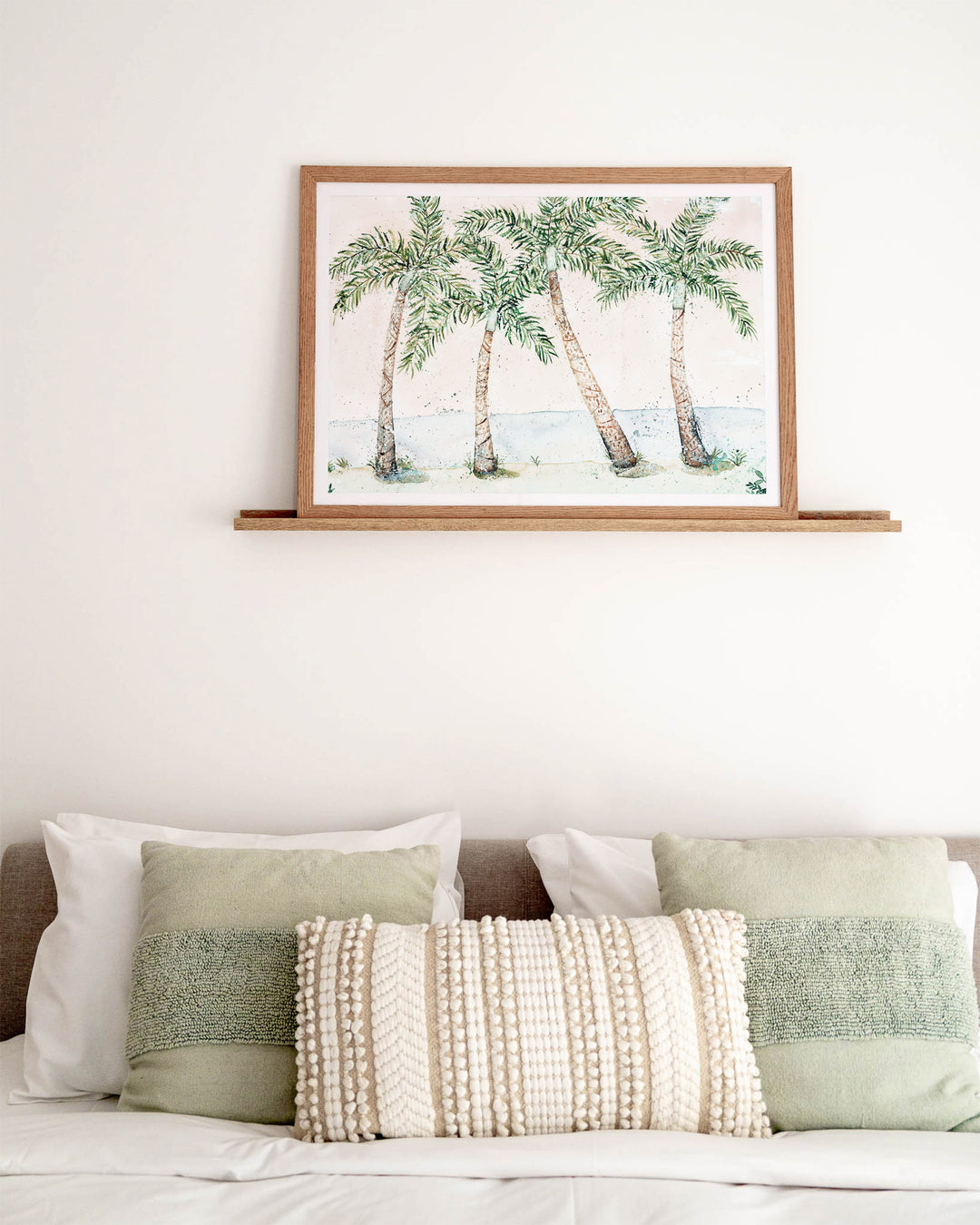 Rex Smeal Serenade – palm trees at Rex Smeal Park, Port Douglas, framed paper print in oak frame, styled above a bed