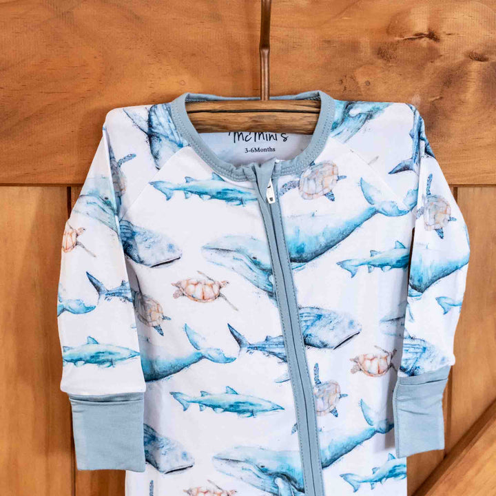 Sea Life Baby Onesie – humpback whale, turtles, sharks - hanging close up
