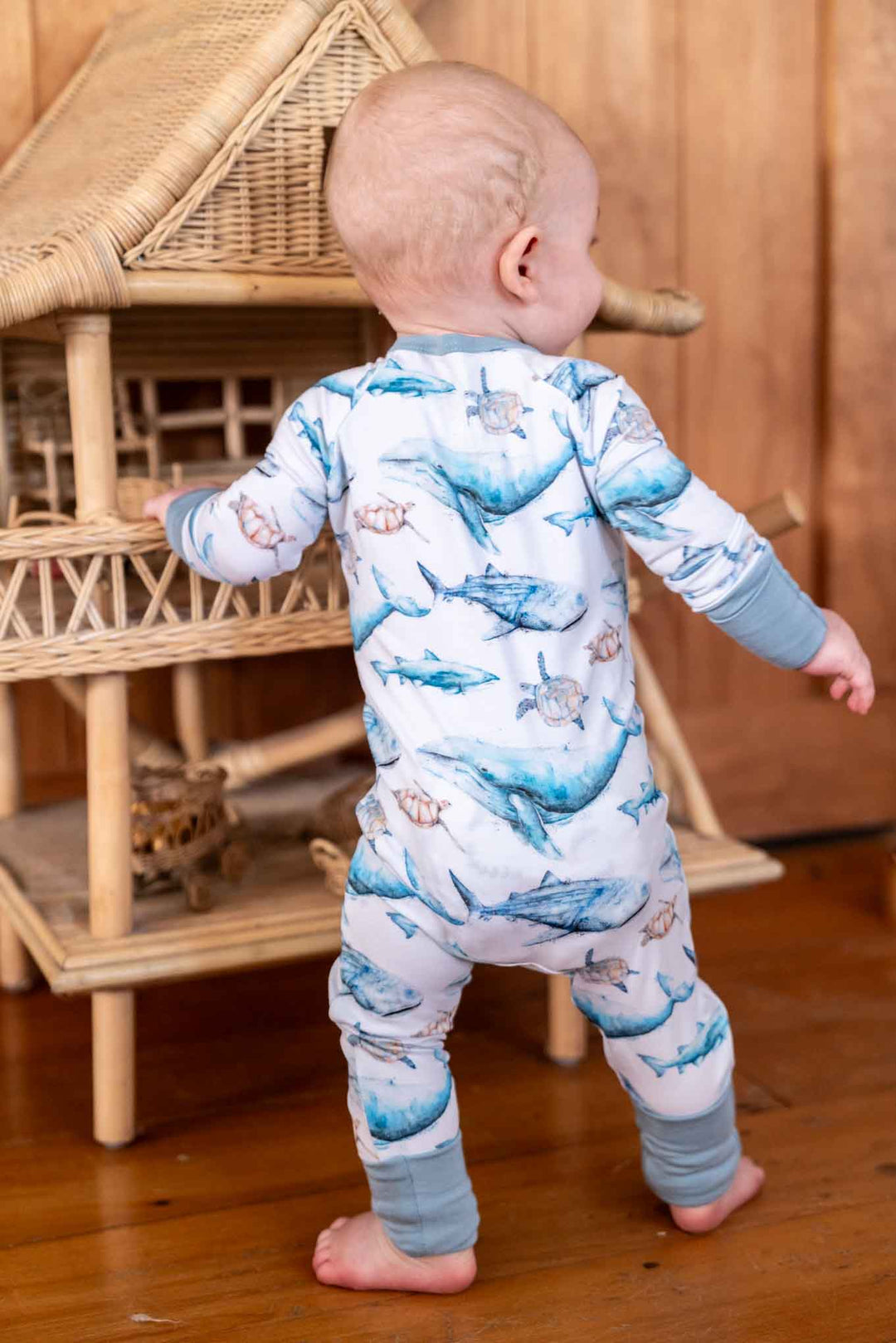 Sea Life Baby Onesie – humpback whale, turtles, sharks - standing back view