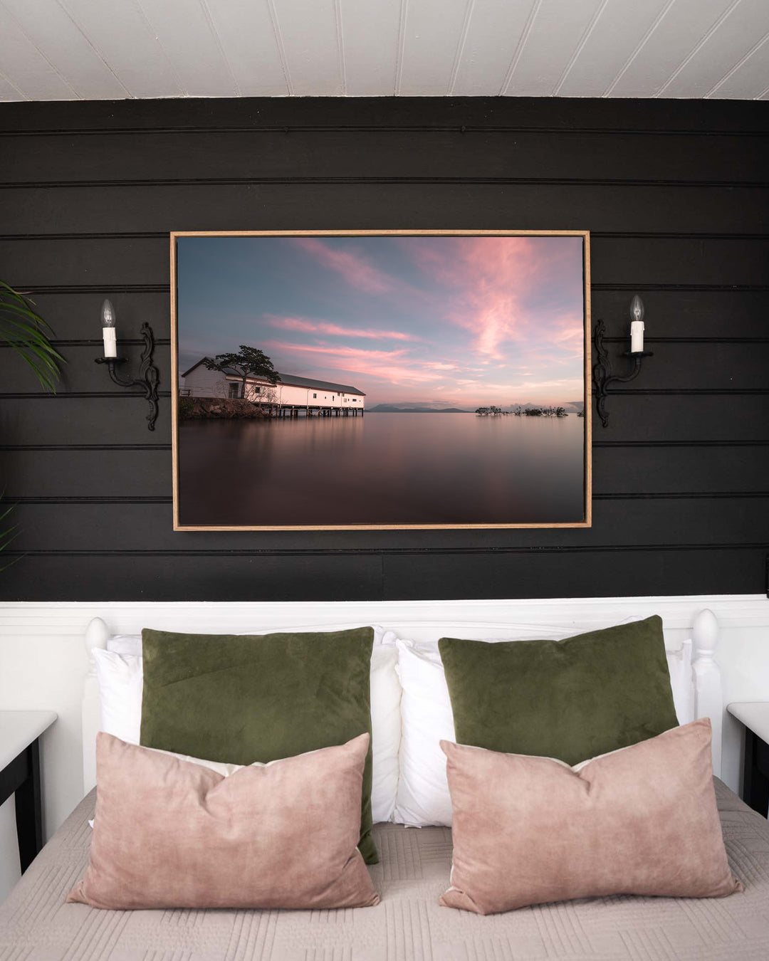 Serenity at Sugar – Port Douglas Sugar Wharf, Landscape Photography by David Lloyd, framed canvas print in oak float frame, styled in a bedroom setting