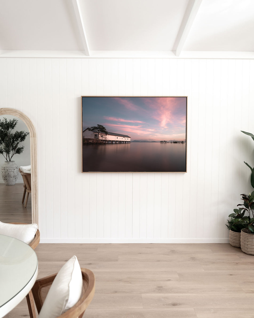 Serenity at Sugar – Port Douglas Sugar Wharf, Landscape Photography by David Lloyd, framed canvas print in oak float frame, styled in a dining room setting