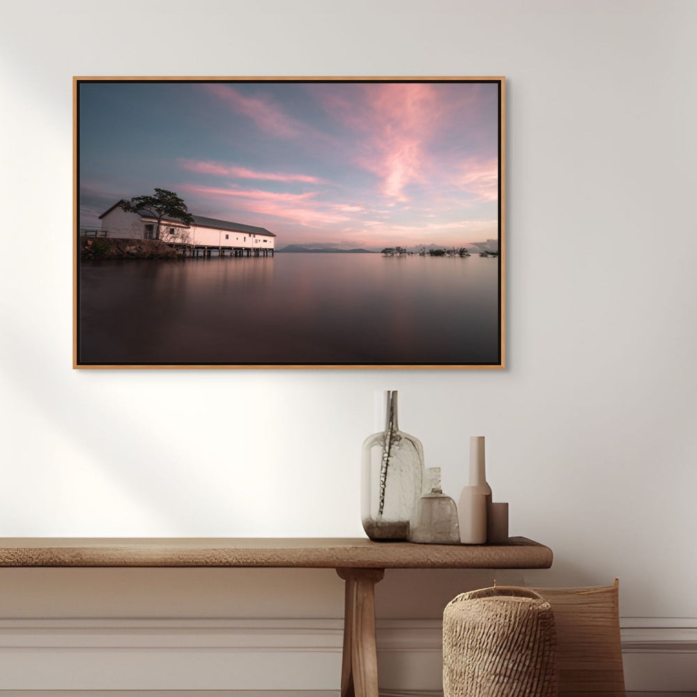 Serenity at Sugar – Aerial view of Port Douglas Sugar Wharf at sunrise with magenta-streaked sky and Four Mile Beach in background | Shadow Box Canvas Print