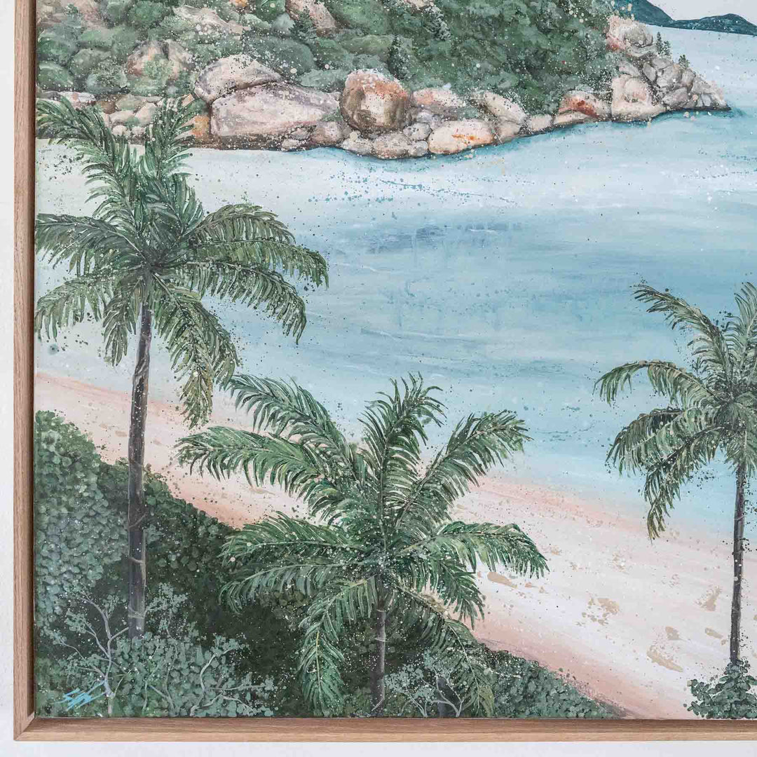 She Calls Me Back – close-up detail of palm trees, shoreline and textured brushwork in soft coastal tones by Stephanie Elizabeth | Original Artwork